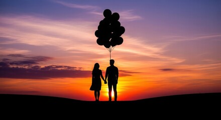 Couple holding hands with heart-shaped balloons at sunset romantic silhouette outdoor love celebration