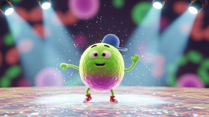 Enthusiastic lime-colored cartoon character dancing in a spotlight on a stage ready to party