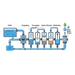 Water treatment process diagram with intake to clean output
