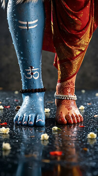 Mahadev and parvati divine feet walking together on a wet floor with flowers for shivratri celebration representing the sacred union of cosmic power