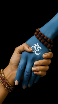 Mahadev hand holding human hand with om symbol and rudraksha representing divine protection and blessing during shivratri celebration for spiritual concepts and holy themes