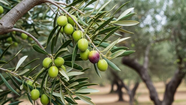Lush olive branch laden with ripening fruit in a serene mediterranean grove