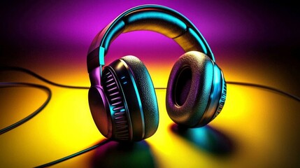 Headphones and microphone set against a lively yellow background.