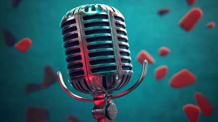 A vintage microphone set against a vibrant color splash background. 