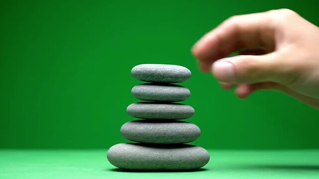 Hand placing stone on balanced zen rock tower on green background