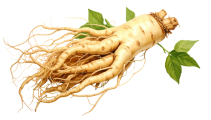 A close-up view of a ginseng root, featuring a light brown, fleshy root system with fine roots and green leaves
