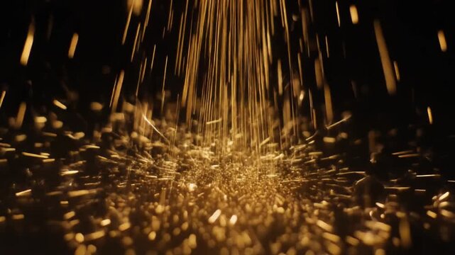 Dynamic Golden Sparks Showering Down in a Burst of Light Against a Deep Dark Background, Captured from a Low Angle