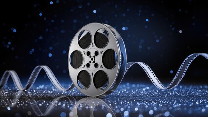 Silver film reel with unrolled movie tape on dark blue glittery background