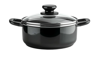 A close-up studio shot showcases a sleek, black cooking pot with a glass lid. Side handles and a black knob adorn it