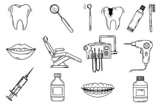 Hand drawn line art dental care set featuring teeth, instruments, chair and oral hygiene items for dentistry