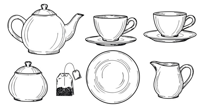 Hand drawn line art tea set featuring a teapot, teacups, sugar bowl, and milk jug for serving beverages