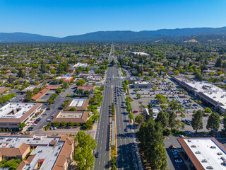 Cupertino city center aerial view on S De Anza Blvd near Civic Center of Cupertino, California CA,...