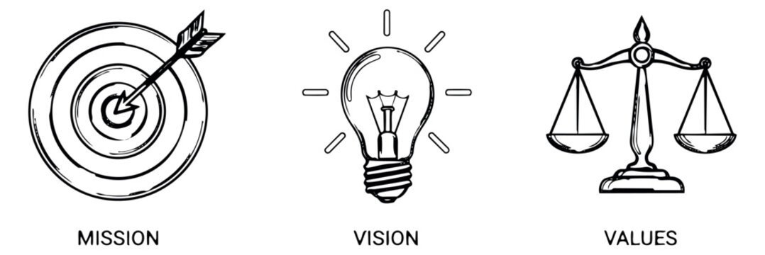 Hand drawn line art business icon set featuring mission, vision, and values concepts for corporate strategy