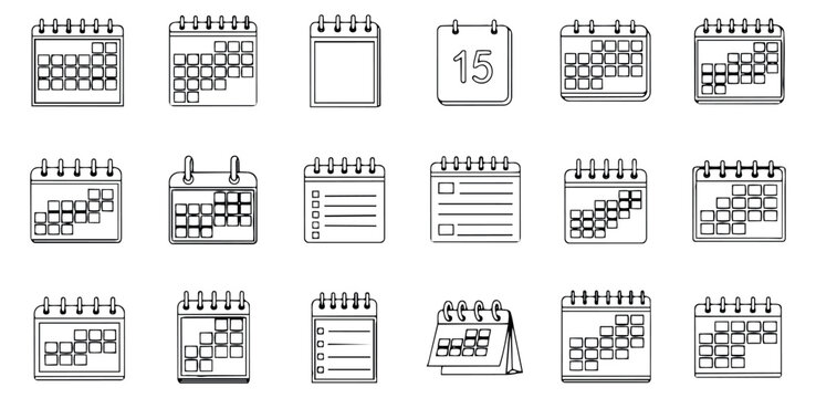 Hand drawn line art calendar and notebook icon set featuring date reminders and to-do lists for scheduling and planning - Powered by Adobe