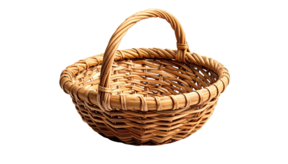 A close-up shot displays a woven wicker basket with a curved handle. The basket has a round form with a textured surface, possibly used for gathering