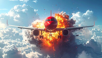 A red aircraft engulfed in a massive explosion amidst white clouds and a blue sky