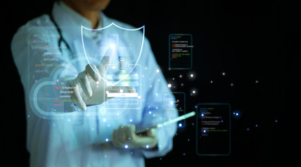 Doctor touching virtual shield and cloud icons. Medical cybersecurity, digital health data protection, and secure cloud computing concept.