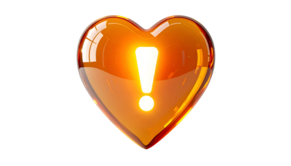 A 3D rendered orange glass heart with a bright exclamation point inside, isolated on a black background