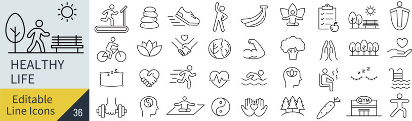 線の編集ができる健康的な生活に関するアイコンセット（アウトライン化していない）
