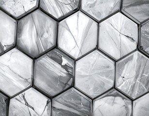 Hexagonal marble tiles form a textured pattern in grayscale with swirling veining effects
