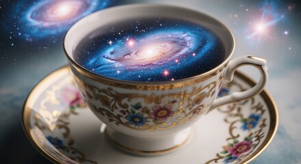 Celestial coffee galaxy in a teacup cosmic universe concept