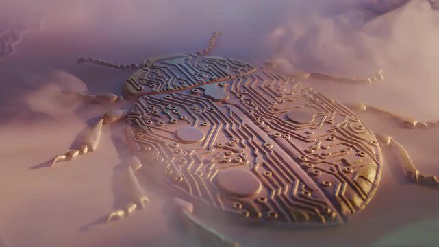 Abstract Digital Beetle with Circuitry Pattern Rising from a Mysterious Nebula of Fog