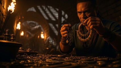 Man Examining Jewelry in Dimly Lit Room.