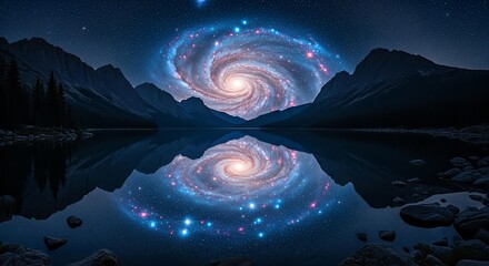 Celestial spiral galaxy reflected in calm mountain lake under starry night sky