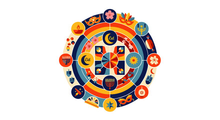 Colorful mandala with cultural symbols representing diversity, unity, and celebration of different traditions