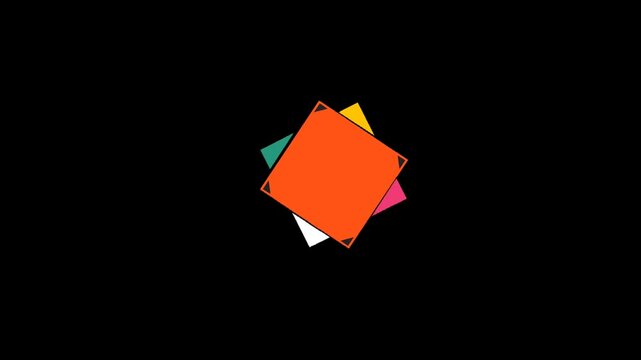 Colorful rotating square with orbiting lines and dots on dark background, abstract motion graphic loop