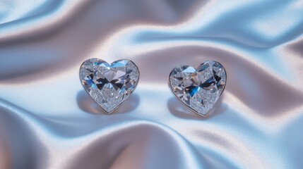 Elegant Heart-Shaped Diamonds on Silky Blue Fabric Background