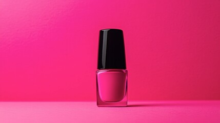 Bright Pink Nail Polish Bottle on Vibrant Pink Background