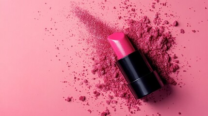 Pink Lipstick Tube with Powder on a Bright Pink Background