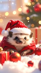 Hedgehog wearing Santa hat and coat amidst snow, ornaments, and Christmas tree bokeh