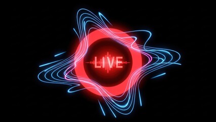 Energetic live broadcast concept with glowing red circle and dynamic blue light streaks design