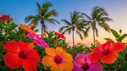 Lush hibiscus blossoms with palm trees against a twilight sky tropical paradise beauty