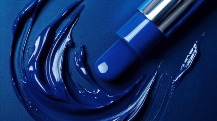 Vibrant Blue Lipstick on Dark Background with Colorful Swirl
