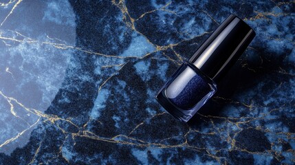 Glossy Nail Polish Bottle on Elegant Dark Blue Marble Background