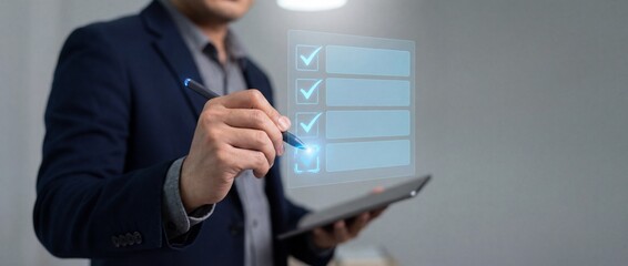 Businessman using digital pen to check boxes on holographic list panel for quality assurance