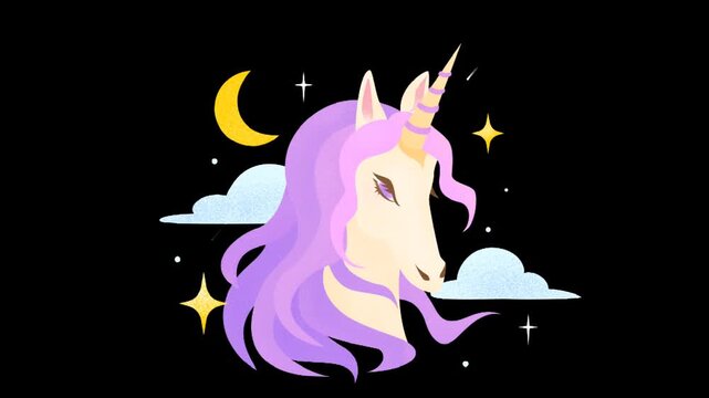 Purple unicorn with moon, clouds and stars on dark background, dreamy magical cartoon animation loop