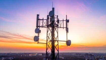 A communications tower silhouetted against a colorful sunset over a cityscape