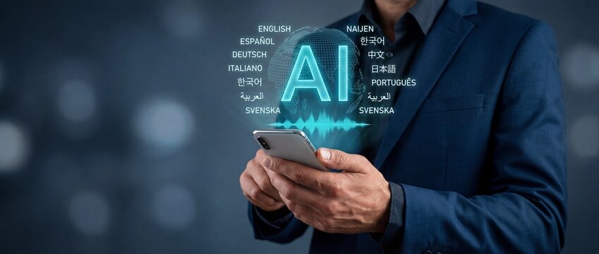 Professional holding smartphone with artificial intelligence and global language translation icon