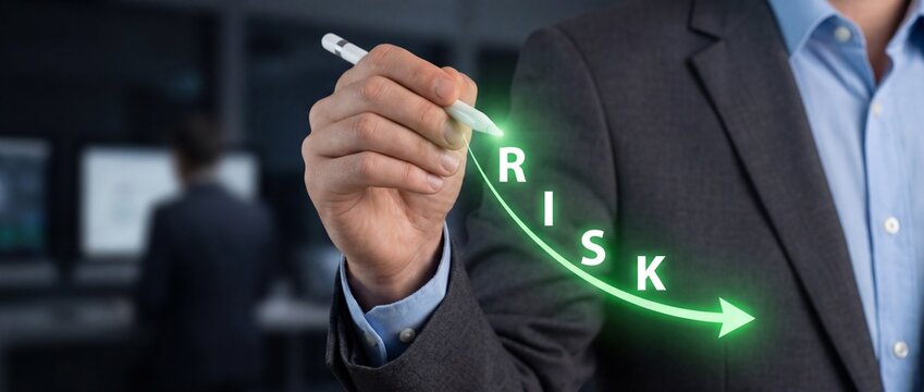 Executive hand drawing a declining risk chart with a glowing green arrow to show financial stability