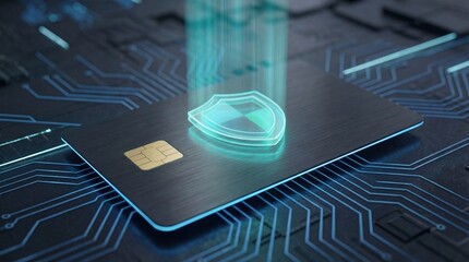 Cyber security concept, black smart card with glowing hologram shield on digital circuit background, Secure payment technology, 3D rendering of credit card with encryption protection and chip security
