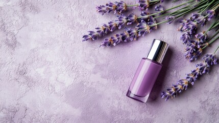 Lavender Flowers and Purple Nail Polish on Textured Background