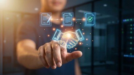 a blurred image depicts a person interacting with glowing digital icons representing data security agreements and a handshake over server racks high quality