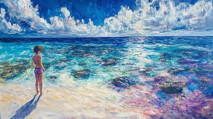 Serene Girl Staring at Vibrant Ocean Under Cloudy Blue Sky