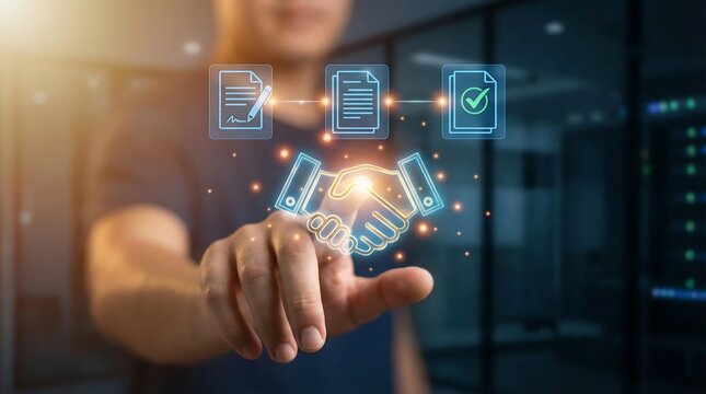 a blurred image depicts a person interacting with glowing digital icons representing data security agreements and a handshake over server racks high quality - Powered by Adobe