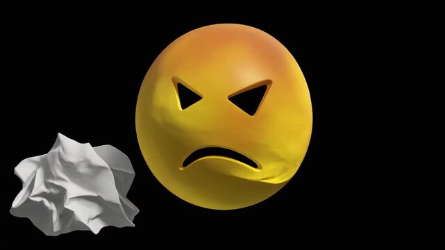 A graphic illustration of an angry emoji with crumpled paper on a black background.