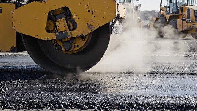 Large road roller machine compacting hot asphalt on a construction site for infrastructure building concept and urban modernization